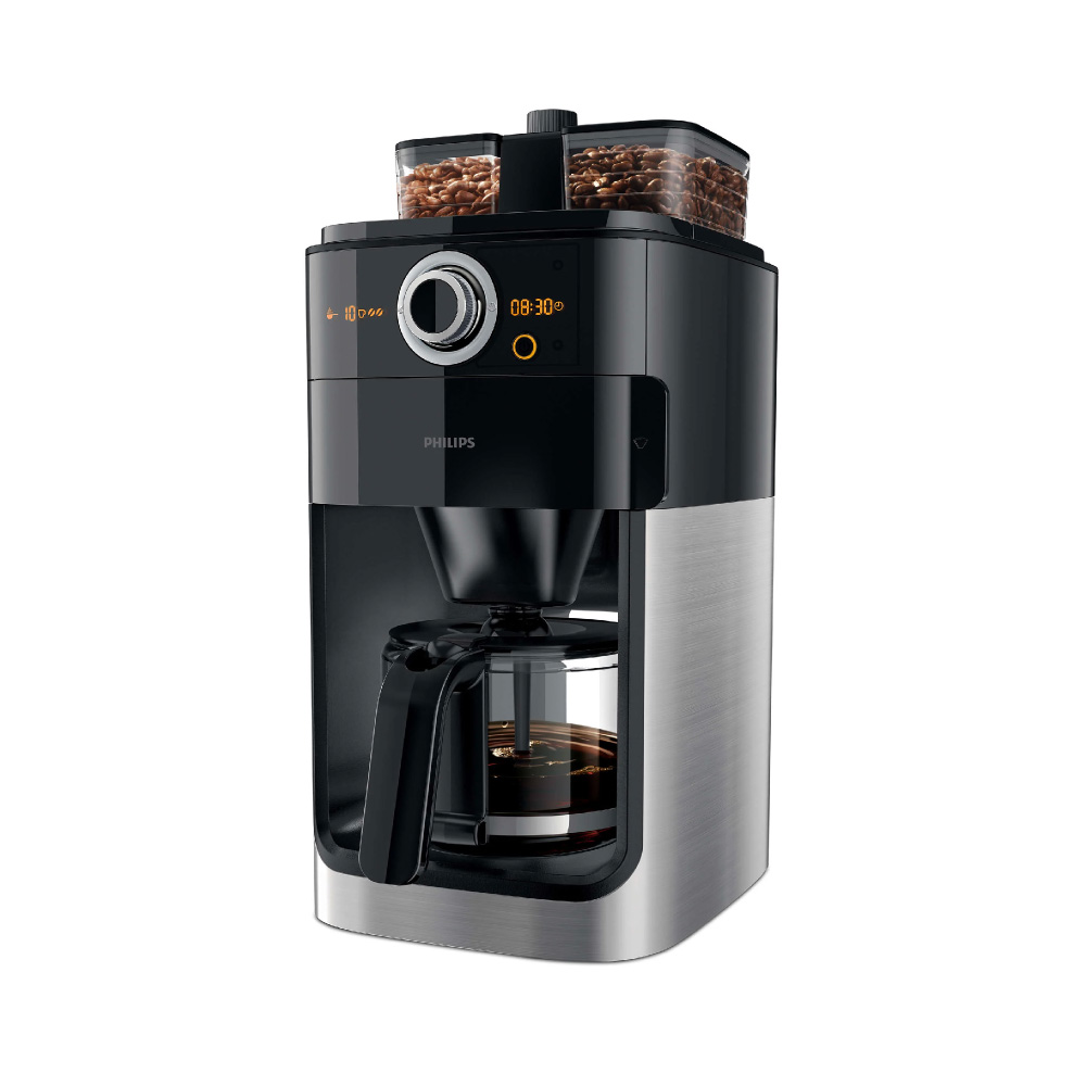 ماكينة قهوة مع فلتر (طحن وتحضير) 1000 واط، إبريق زجاجي 1.2 لتر، إعداد حتى 12 كوب، لون أسود ومعدن من Philips