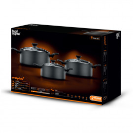 Cookware Set 6 Pieces (Pots:16+18+20 cm,1.2+1.8+2.8 Liter) EveryDay Plus Series Black Color from Food Appeal 