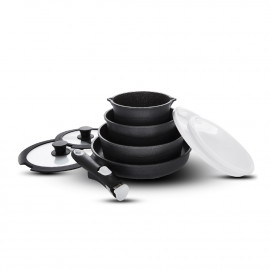 Cookware Set 9 piece (Pot: 16+20+24 cm, pan: 28cm) Space Saver Black Marble series from Food Appeal 