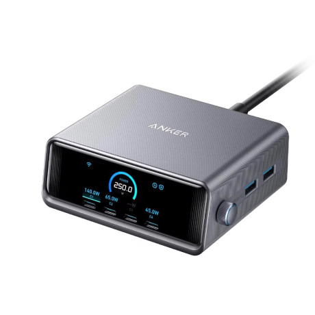  أنكر شاحن مكتبي Prime GaN بعدد 6 منافذ بقدرة 250 واط لون فضي 