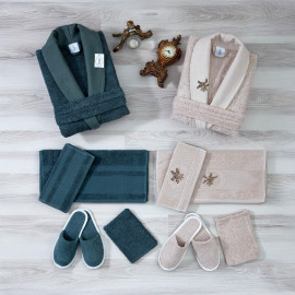 ويل طقم روب حمام قطن 100% 12 قطعة سلسلة LUX WEVA، زيتي وبيج فاتح