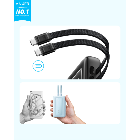  أنكر بنك طاقة Zolo بقدرة 35 واط مع كابلين USB-C مدمجين سعة 10000 مللي أمبير لون أسود 