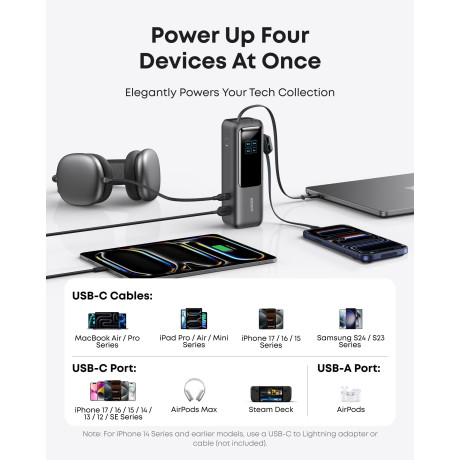  أنكر بنك طاقة بقدرة 165 واط مع كابل USB-C مدمج وقابل للسحب سعة 25000 مللي أمبير لون أسود 