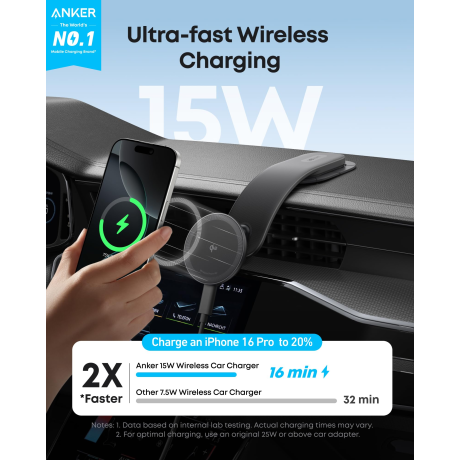  أنكر شاحن سيارة لاسلكي مع حامل معدني لون أسود 