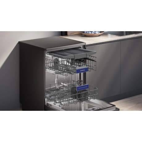  سيمنز جلاية 6 برامج، سعة 14 طقم، ماتور انفرتر عديم الاحتكاك موفر للكهرباء، 3 رفوف، ستانلس أسود. 