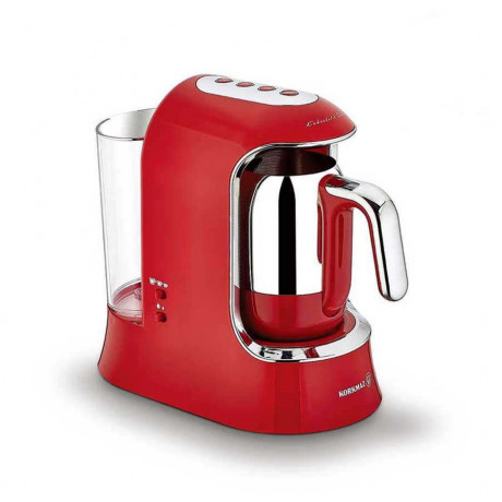  Korkmaz Turkish Coffee Machine 700W, with Water Tank 1.2 Liter, Prepare up to 4 Cups, Red/Chrome Color. 