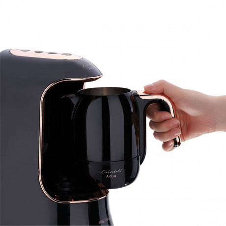  Korkmaz Turkish Coffee Machine 700W, with Water Tank 1.2 Liter, Prepare up to 4 Cups, Black/Gold Color. 