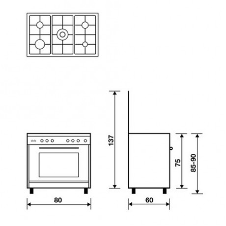  Glem Gas Oven Free Standing 5 Burners, Size 80*60 Cm, Capacity 109 Ltr, Stainless Steel. 